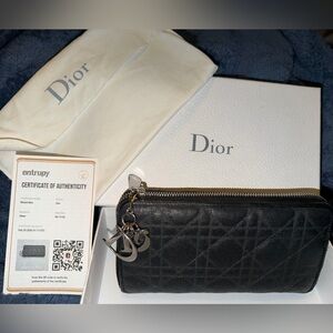 Dior Black Quilted Leather Zippy Wallet with Silver Charm
